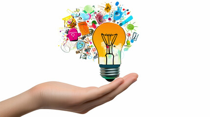 Wall Mural - light bulb with innovation icons in a businessmana??s hand, concept of business creativity and solut