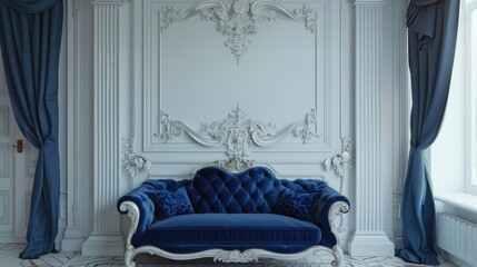 Canvas Print - Elegant royal interior with white walls and a blue fabric sofa