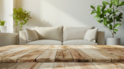 Canvas Print - Empty wooden table in front of living room sofa for product display and decoration.