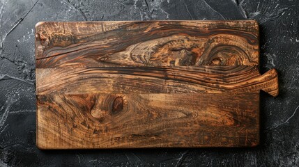 Canvas Print - Empty wooden cutting board displayed on black stone table, setting for cooking.