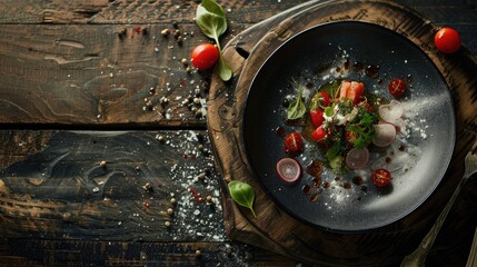 Sticker - Food presentation on wooden table with ceramic dish for cafe menu.