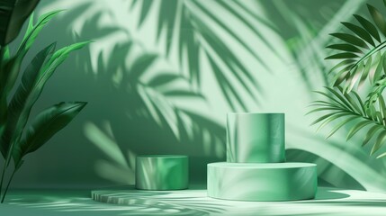 Poster - Green background with palm leaf shadows for cosmetics presentation on geometric backdrop. Product podium for eco beauty showcase.