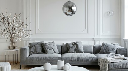 Wall Mural - Light living room with grey sofa and disco ball on coffee table