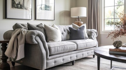 Wall Mural - Living room with grey sofa, table, and lamp