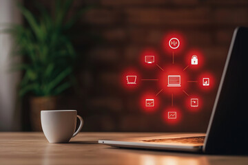 Wall Mural - glowing digital network interface with icons representing various online services and security is di