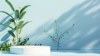 Wall Mural - Minimal nature scene with stage and podium on blue background for cosmetic product display.