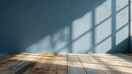 Wall Mural - Mockup scene for product display with blue wall background and natural light through window on empty wooden table top.