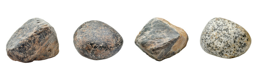 Poster - The image shows four differently textured and colored smooth stones, isolated against a black background.