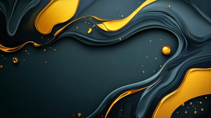 Aufkleber - Golden liquid flowing around dark gray wavy shapes with small golden spheres: luxury background
