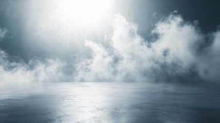 Poster - Empty concrete floor reflecting bright light with smoke or fog background