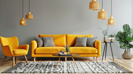 Wall Mural - Modern living room with yellow sofa, trendy carpet, and armchair