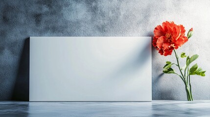Poster - White canvas standing on floor near red flower and concrete wall