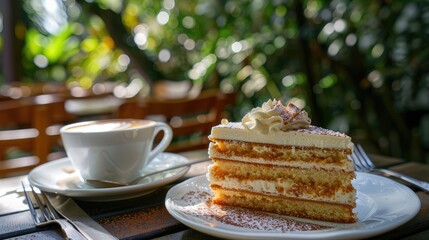 Wall Mural - Napoleon cake and cappuccino on veranda in garden cafe