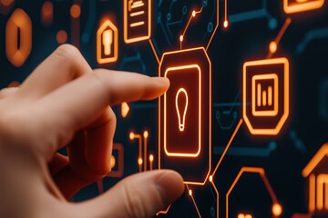 Wall Mural - hand interacts with digital interface displaying glowing icons, including light bulb, symbolizing in
