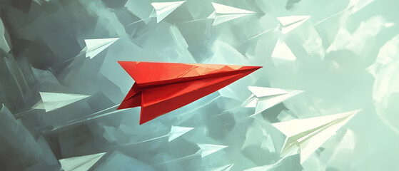 Wall Mural - red paper plane leading white ones, embodying the courage to lead and innovate -