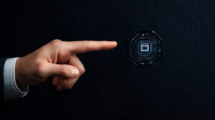 Wall Mural - human hand interacts with digital interface, touching glowing icon on dark, circuit like background,