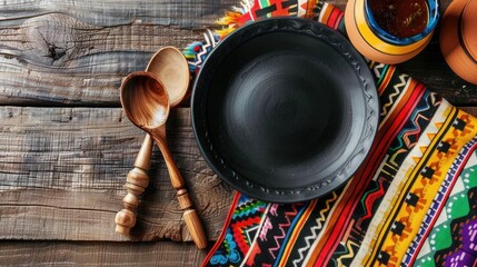 Canvas Print - Traditional Mexican Kitchen Utensils and Colorful Fabric with Black Plate on Wooden Table