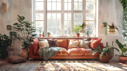 Wall Mural - Weekend morning concept at home: Cozy living room in bohemian style with couch and decorations by window