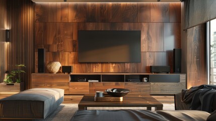 Wall Mural - Wooden cabinet with modern TV showcasing remote control in interior