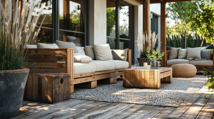 Wall Mural - Wooden furniture on stylish outdoor space made from eco-friendly materials