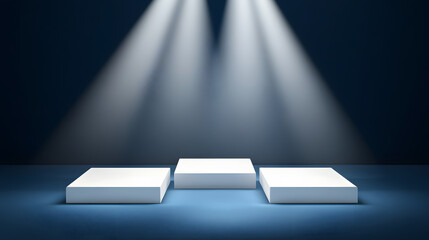 Wall Mural - Square podiums are white. Abstract background. A stage for the demonstration of cosmetics. Podium for the award, consisting of three 3 square figures of different sizes on a blue background. Showcase