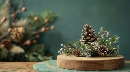 Wall Mural - Wooden podium with green spruce branches and cone on green backdrop for showcasing products and beauty items in an empty studio.