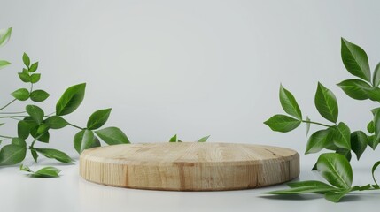 Poster - Wooden podium with green leaves on white background for organic product display.