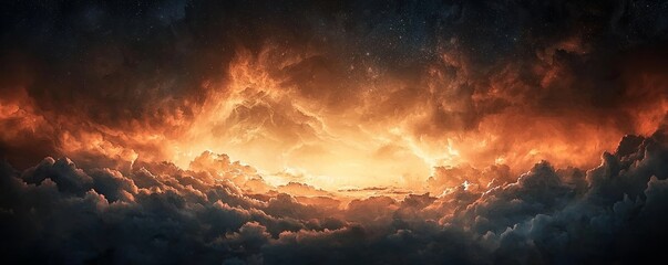 Wall Mural - A breathtaking view of a fiery sunset breaking through dark clouds, creating an ethereal, dreamlike atmosphere in the sky.