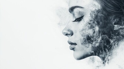 Wall Mural - Elegant profile of a young woman with ethereal smoke effect on a soft white background capturing beauty and tranquility.