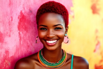 Commercial commercial visual design idea. Short trim - red hair. Gorgeous happy black girl - for ads, boulevard poster and digital marketing use. Black woman elegance. African american art.