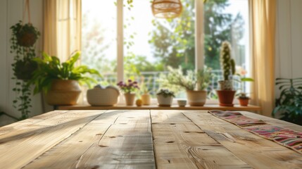 Wall Mural - Wooden table with space for decoration in blurred home interior with large window, boho style.