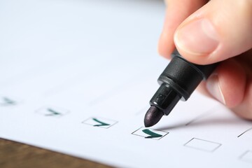 Wall Mural - Woman checking box of paper form at table, closeup