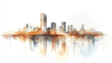 Wall Mural - A watercolor-style depiction of a city skyline, featuring tall buildings reflected in a serene body of water with warm, earthy tones.