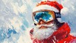 © The 2R Artificiality - Santa Claus in Ski Goggles and Red Wool Hat against a Snowy Background Celebrating Winter Sports and Holiday Spirit