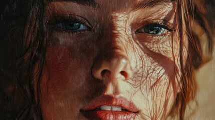 Poster - Close-up portrait of a young woman showcasing expressive features and intricate light patterns on her face