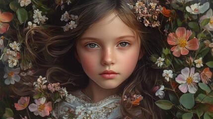 Wall Mural - Charming girl surrounded by blooming flowers in a close-up portrait showcasing natural beauty and vibrant colors.