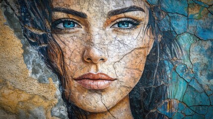 Wall Mural - Portrait of a stunning woman with striking blue eyes set against a textured stone background showcasing artistic detail and natural beauty.