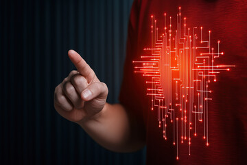 Wall Mural - person interacts with glowing digital interface, symbolizing technology and innovation. red circuitr