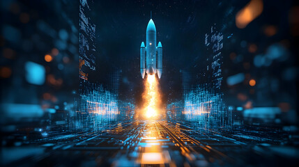 Wall Mural - the holographic rocket launch, symbolizing digital innovation and futuristic advancements -