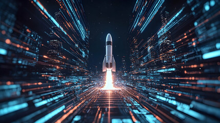 Wall Mural - the holographic rocket launch, symbolizing digital innovation and futuristic advancements -