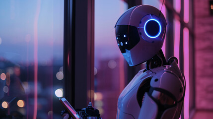 Poster - Futuristic robot using smartphone by window at dusk