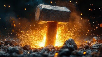 Canvas Print - Fiery hammer striking hot metal, sparks, forge