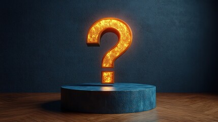 Wall Mural - Fiery question mark, dark room, pedestal, mystery