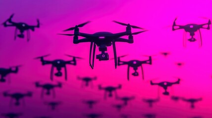 A vibrant array of drones flying in unison against a purple backdrop, showcasing advanced technology and aerial dynamics.