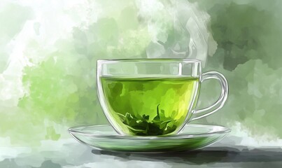 Wall Mural - Green tea steaming in glass cup with saucer, vibrant green hues, healthy beverage, calming atmosphere, natural elements