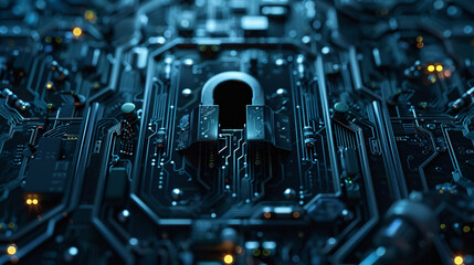 Leinwandbilder - Futuristic cybersecurity concept with padlock on circuit board
