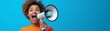 © Tondone - A young woman joyfully shouting into a megaphone against a vibrant blue background, expressing excitement and enthusiasm. Ideal for use in marketing and social media.