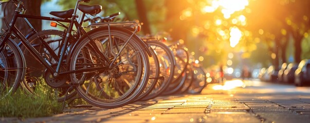Poster - Bicycles parked on a sunlit street in the evening