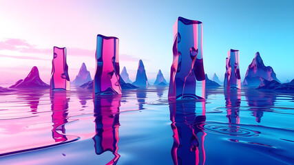 A visionary glass landscape in 3D, with abstract glass towers rising from an ocean of liquid glass. The surfaces reflect a gradient of vivid colors, from turquoise to fuchsia. Generative AI