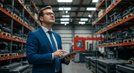 Businessman with tablet in warehouse managing business technology and logistics operations